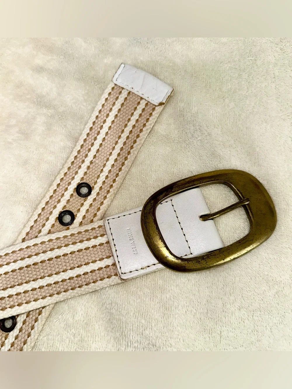 Nine West Vintage Y2K Cotton Web Belt Striped White Leather Brass Buckle Large